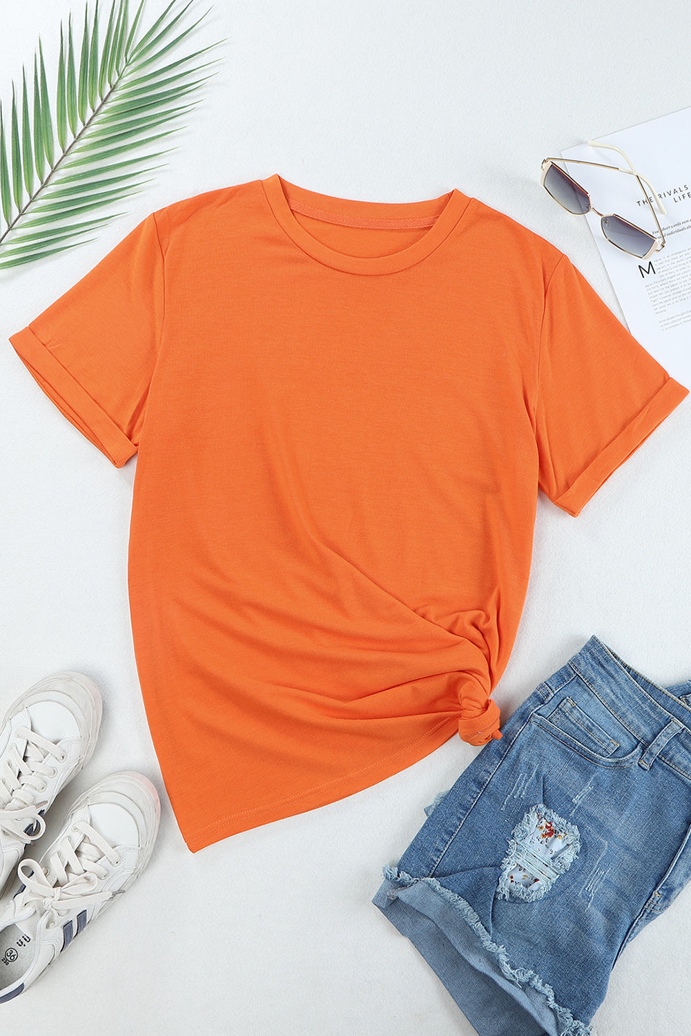 Orange Solid Color Crew Neck Tee Tops & Tees JT's Designer Fashion