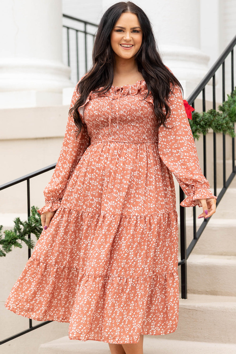 Orange Plus Size Floral Print Smocked Tiered Long Dress Plus Size Dresses JT's Designer Fashion