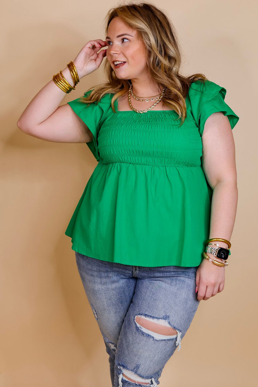 Green Ruffle Tiered Short Sleeve Plus Size Babydoll Top Plus Size JT's Designer Fashion