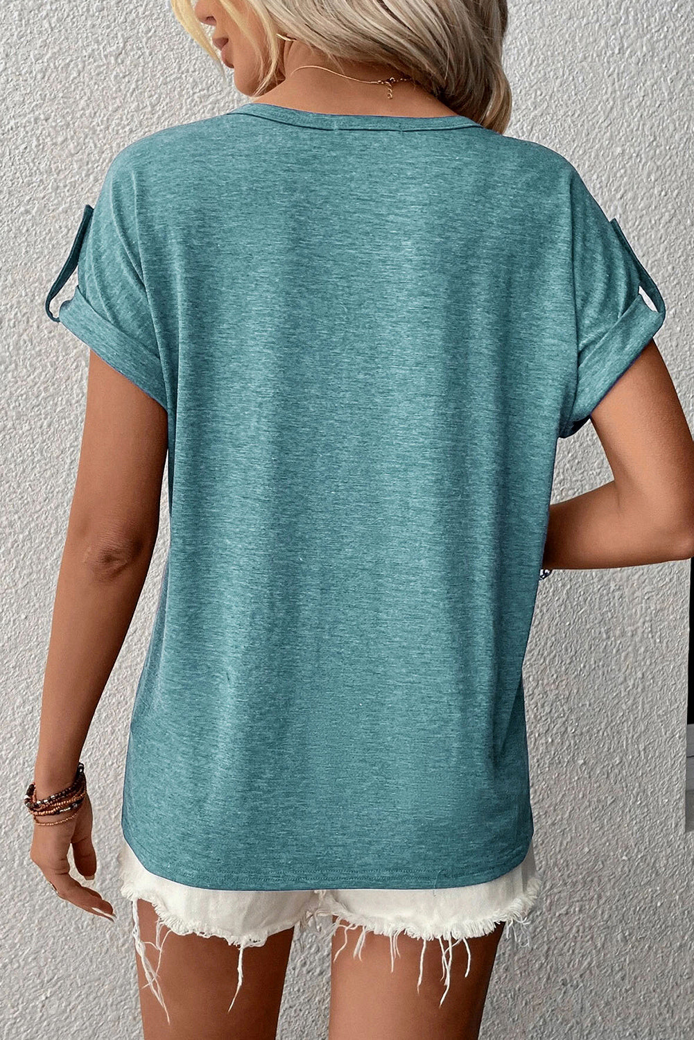 Sky Blue V-Neck Rolled Short Sleeve Henley Top Tops & Tees JT's Designer Fashion