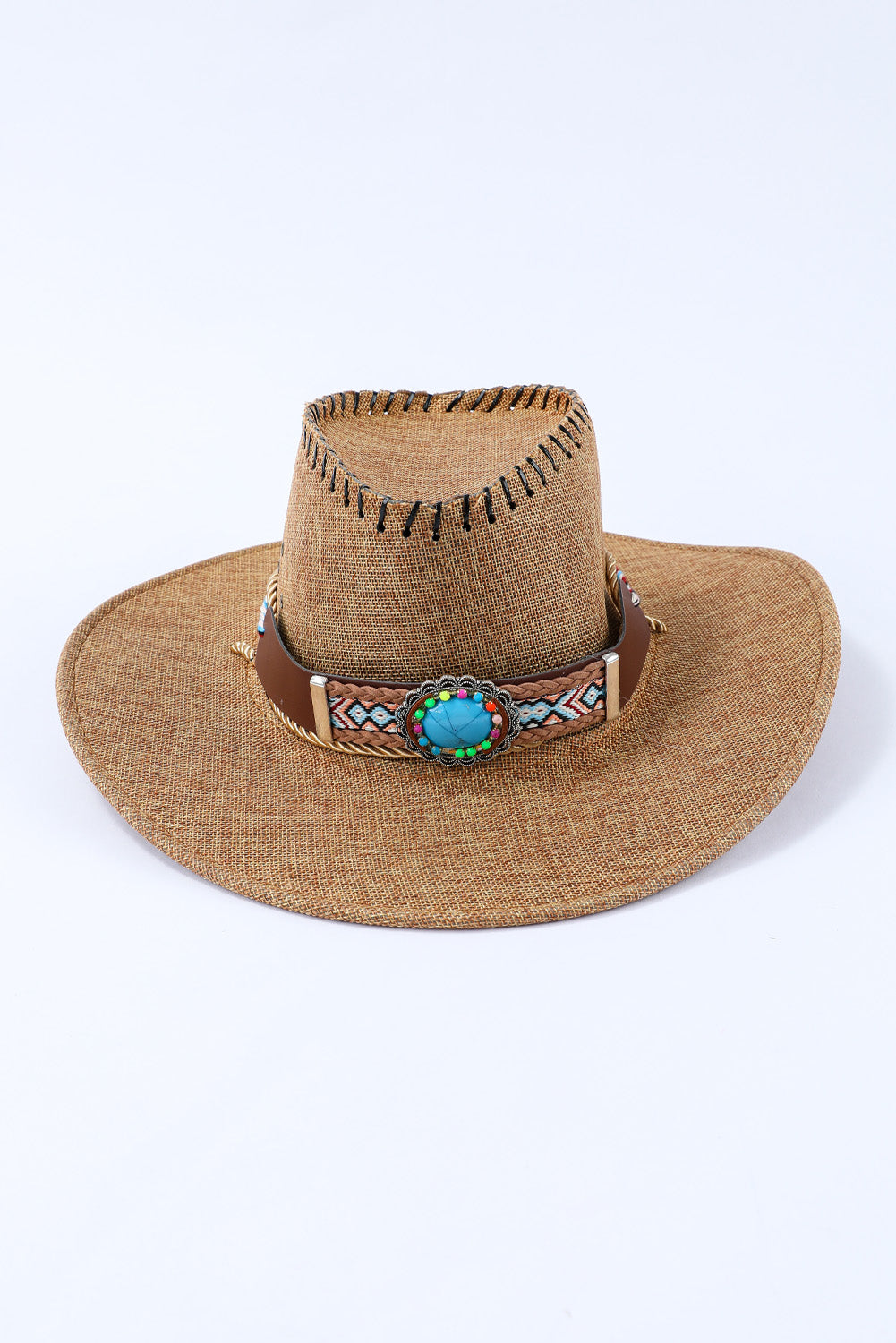 Khaki Turquoise Woven Decor Western Cowboy Jazz Hat Hats & Caps JT's Designer Fashion