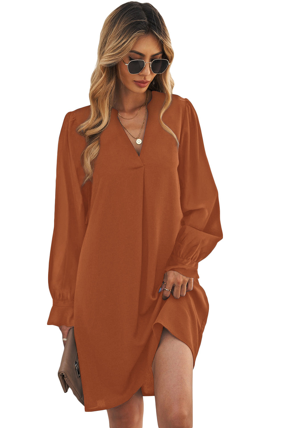 Split V Neck Ruffled Sleeves Shirt Dress Mini Dresses JT's Designer Fashion