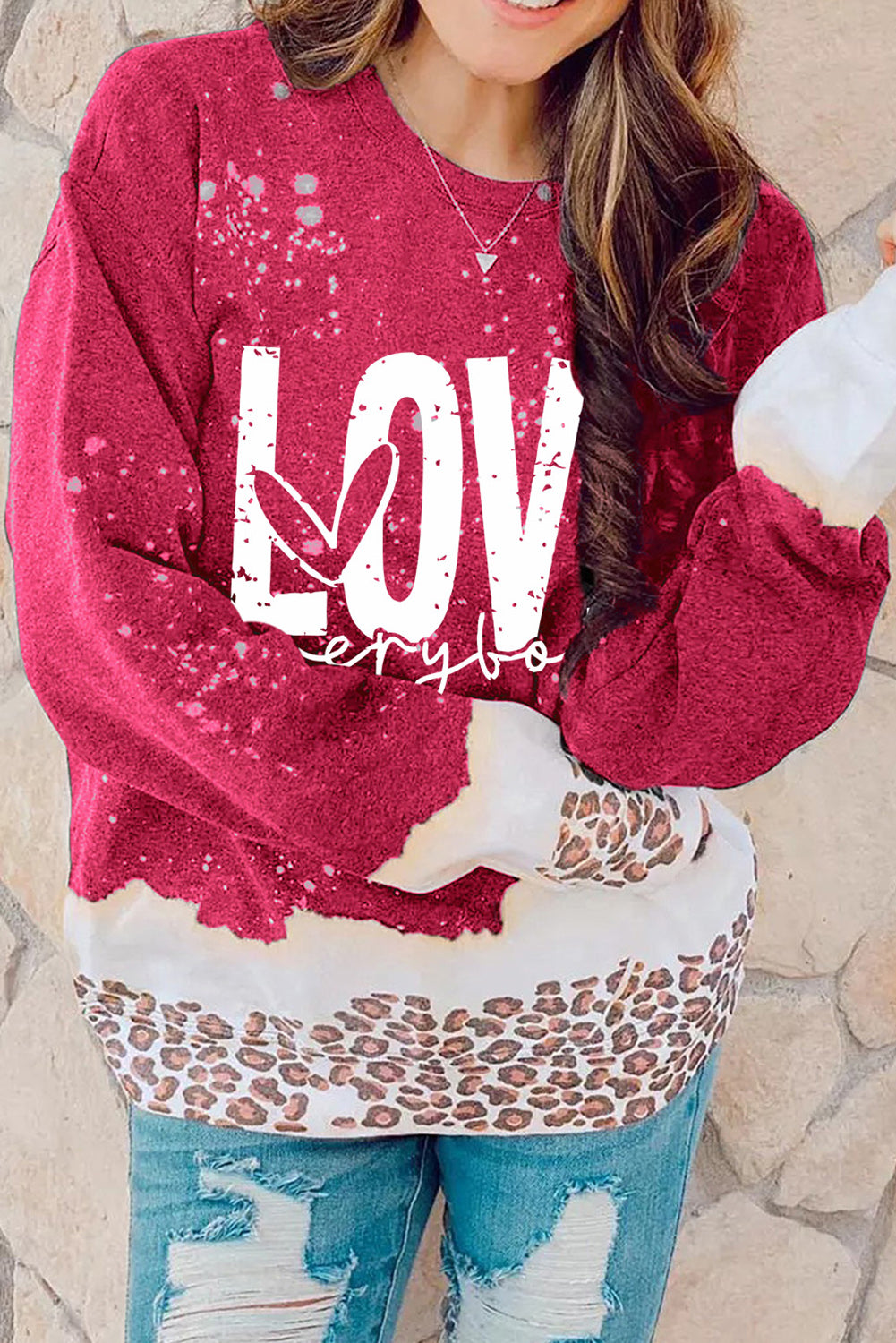 Red LOVE everyday Bleached Leopard Print Sweatshirt Graphic Sweatshirts JT's Designer Fashion