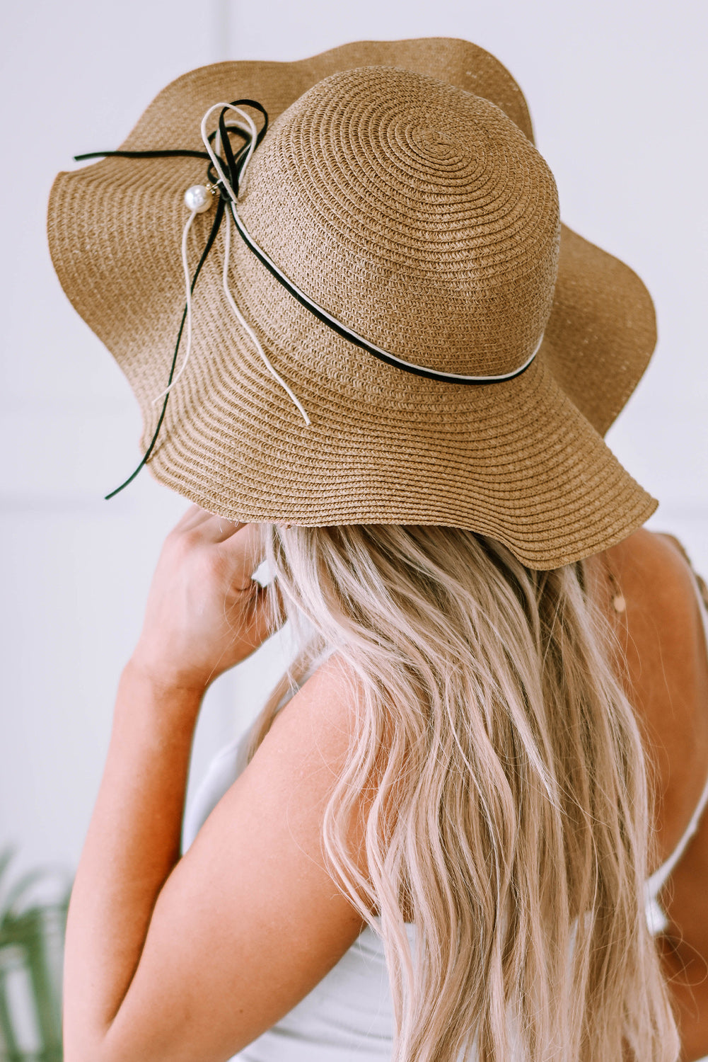 Khaki Bowknot Sun Visor Wide Brim Rolled Up Straw Hat Hats & Caps JT's Designer Fashion