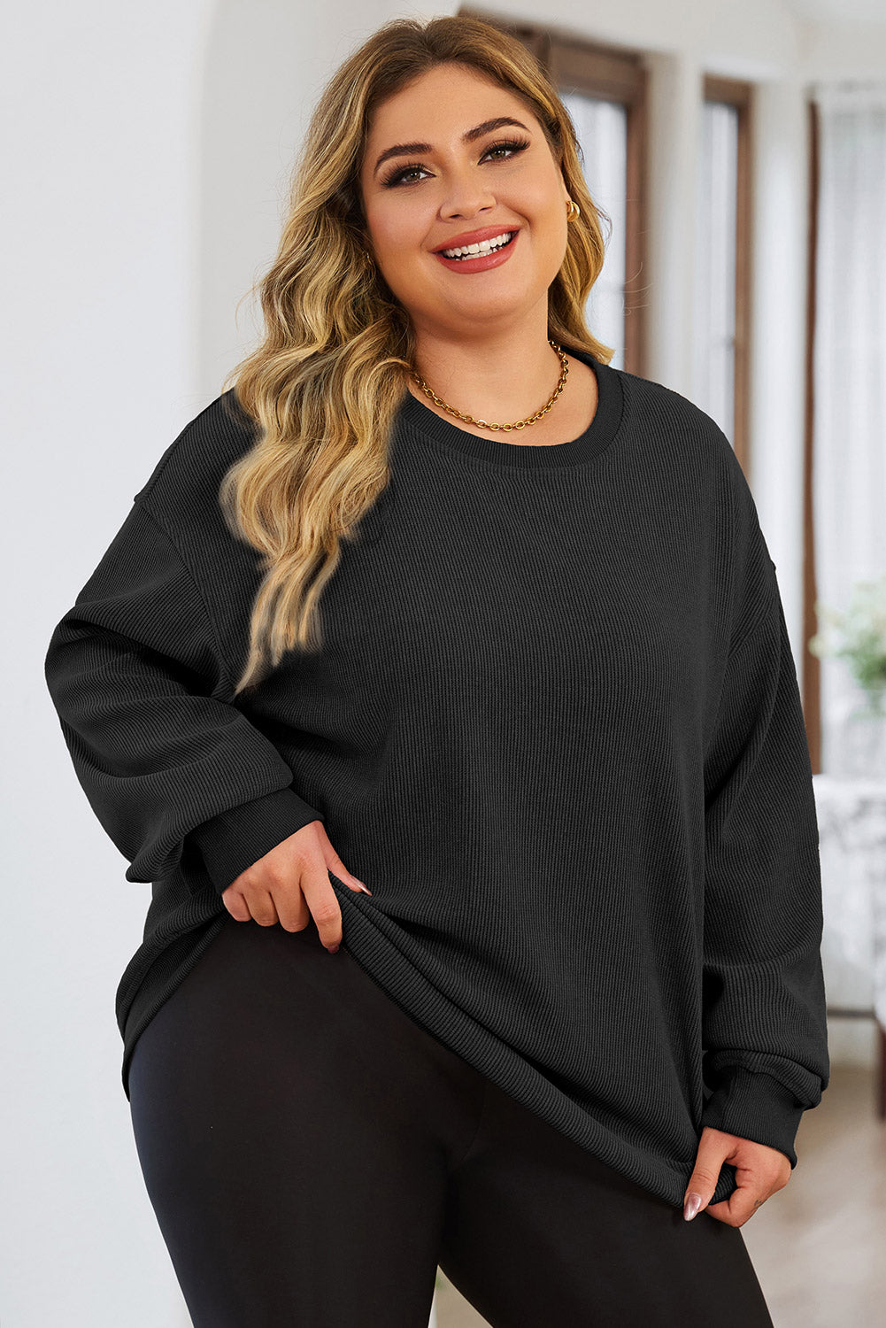 Black Plus Size Corded Round Neck Sweatshirt Plus Size JT's Designer Fashion