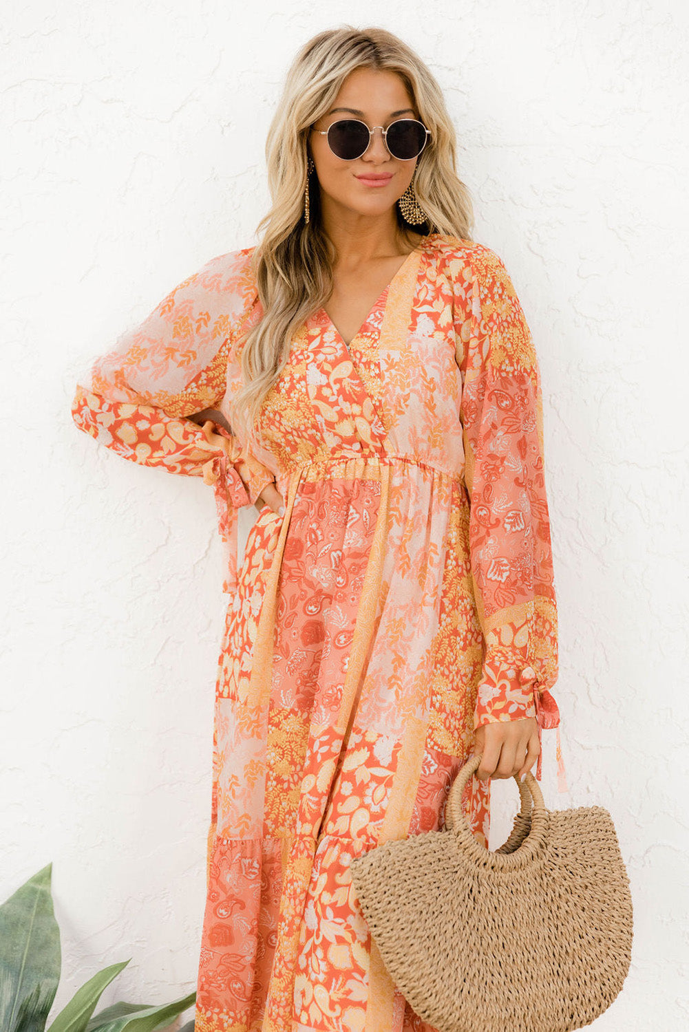 Orange Boho Floral Wrap V Neck Tie Long Sleeve Dress Dresses JT's Designer Fashion