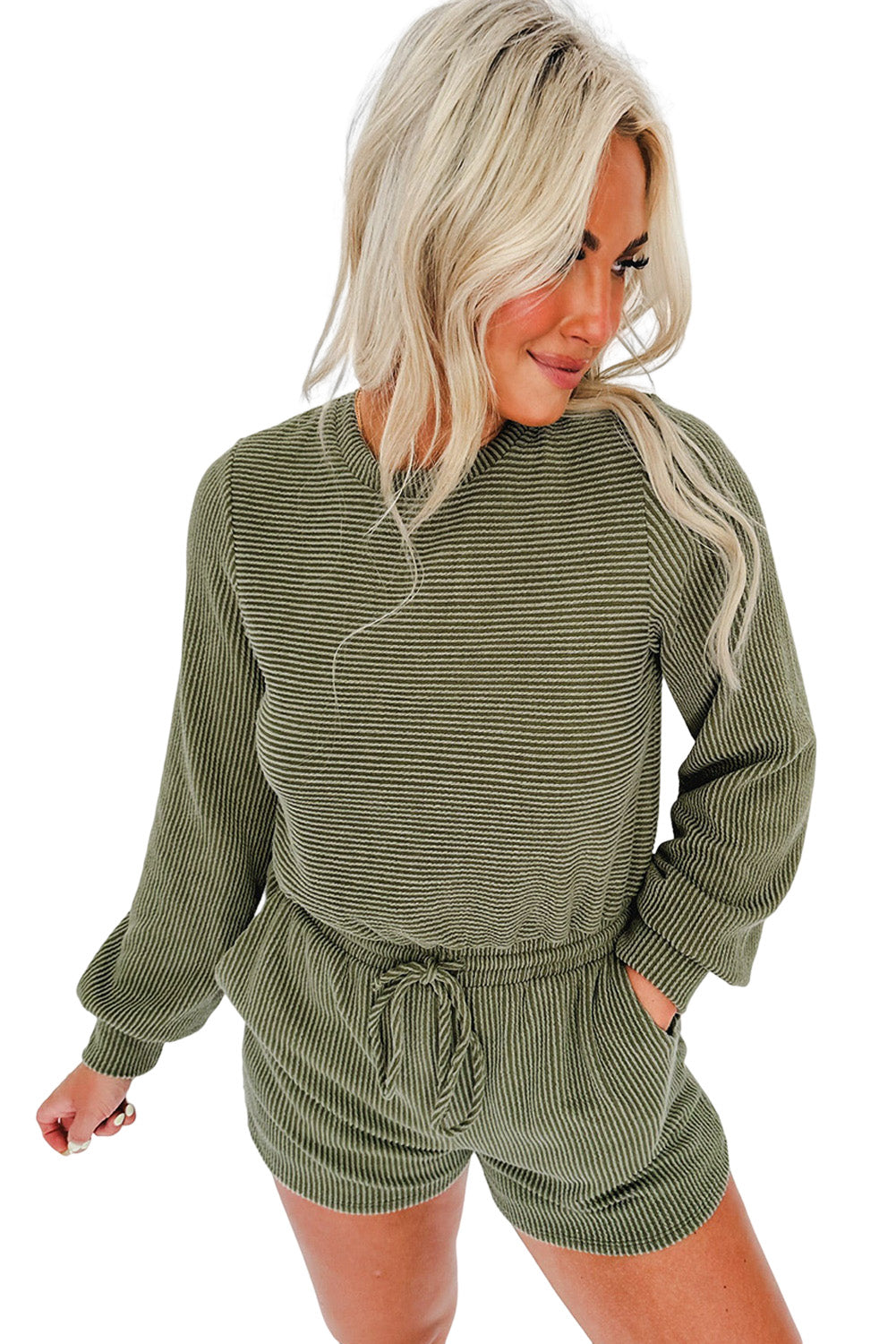 Pickle Green Corded Round Neck Long Sleeve Drawstring Romper Bottoms JT's Designer Fashion