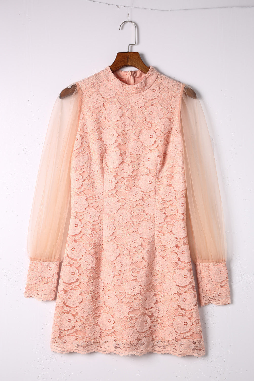 Pink Floral Lace Crochet Sheer Puff Sleeve Mini Dress Mini Dresses JT's Designer Fashion