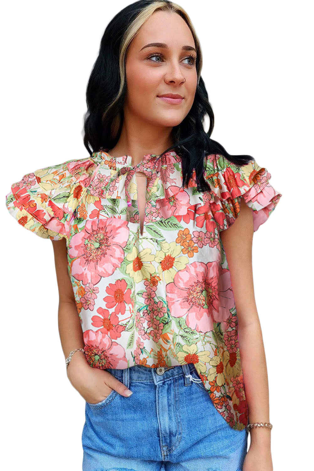 Multicolor Rose Ruffle Flutter Sleeve Floral Print Blouse Tops & Tees JT's Designer Fashion