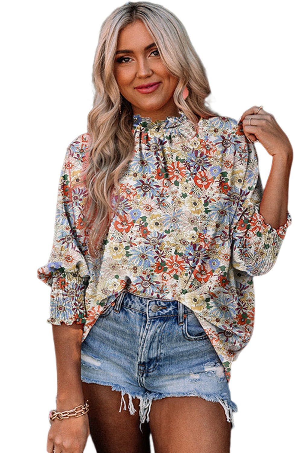 Multicolor Shirred Cuffs Bubble Sleeve Floral Blouse Blouses & Shirts JT's Designer Fashion