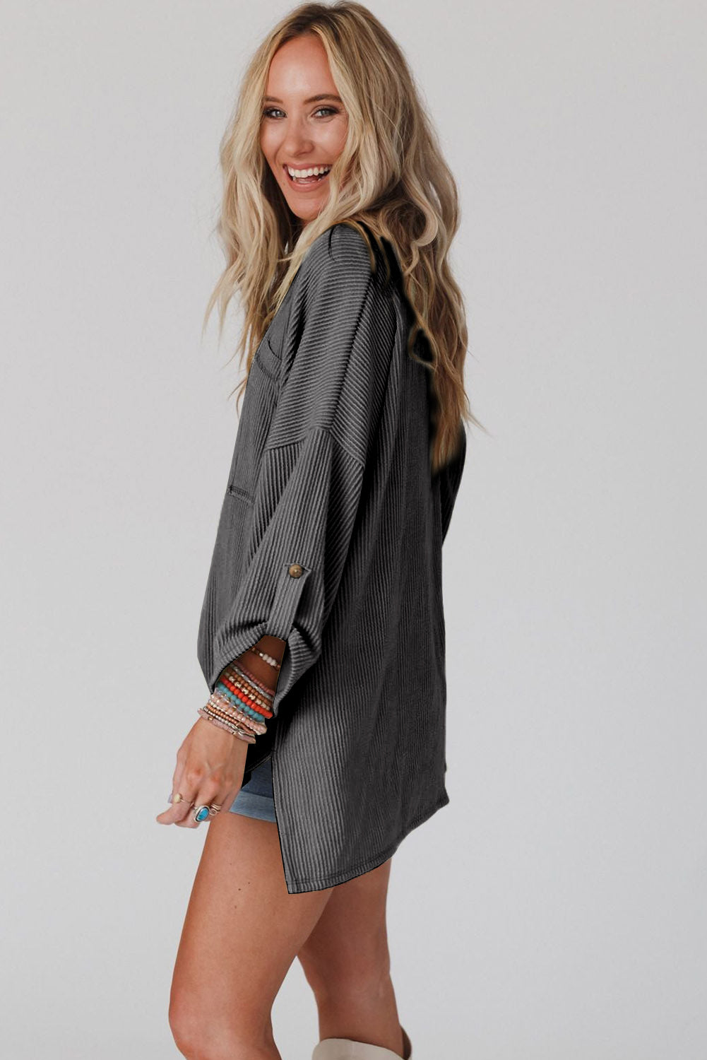 Dark Gray Ribbed Roll-tab Sleeve Chest Pocket Oversize Top Long Sleeve Tops JT's Designer Fashion