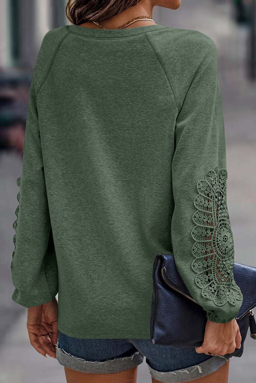 Green Gray Embroidered Long-Sleeve V-Neck Top Tops & Tees JT's Designer Fashion