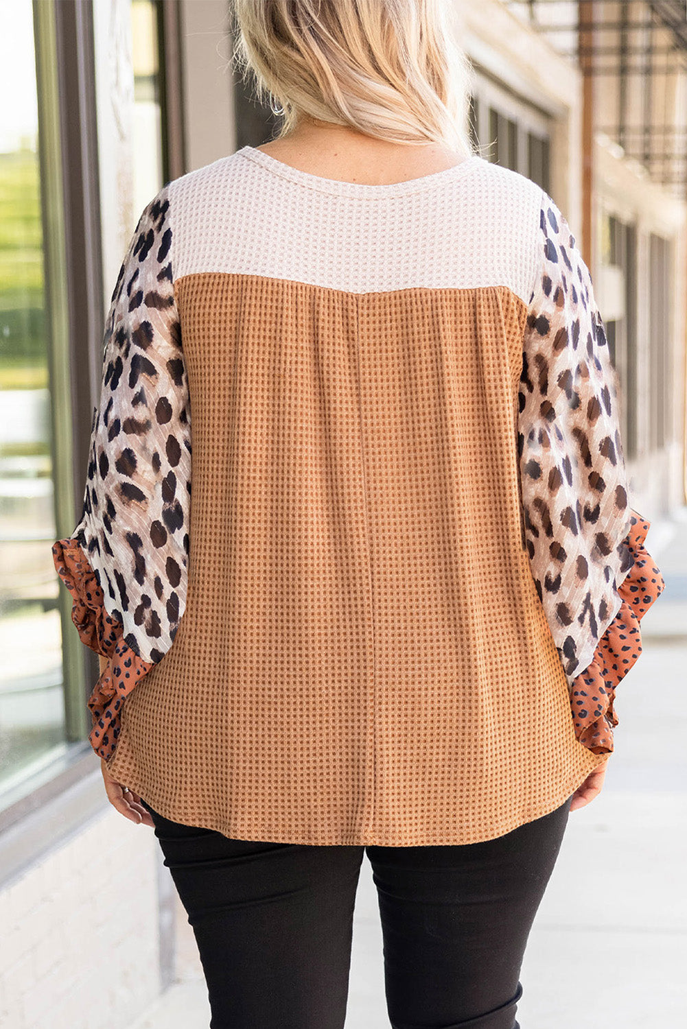 Khaki Printed Plus Size Leopard Patch Sleeve Waffle Open Cardigan Plus Size JT's Designer Fashion