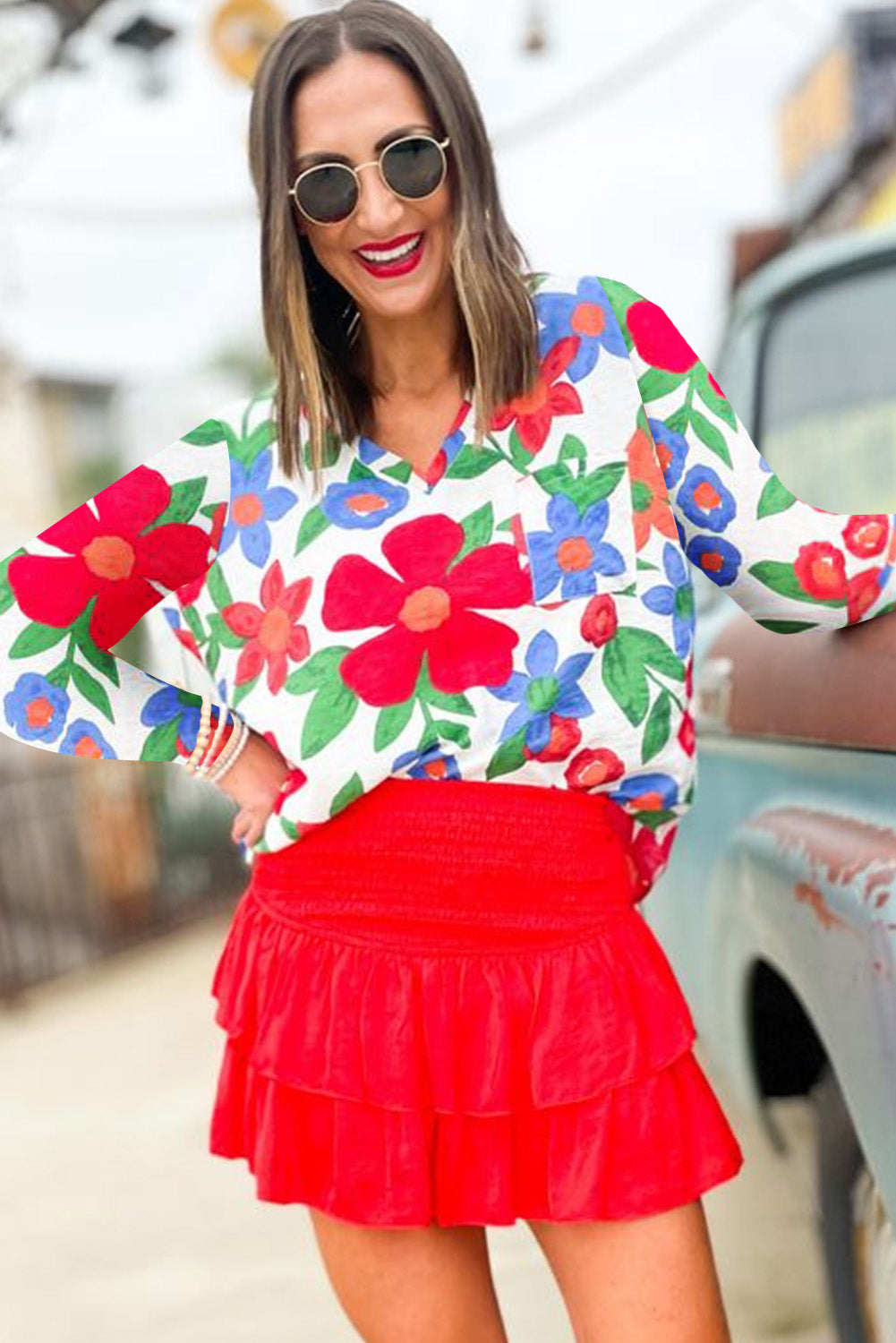 White Floral Print V Neck Long Sleeve Blouse Tops & Tees JT's Designer Fashion