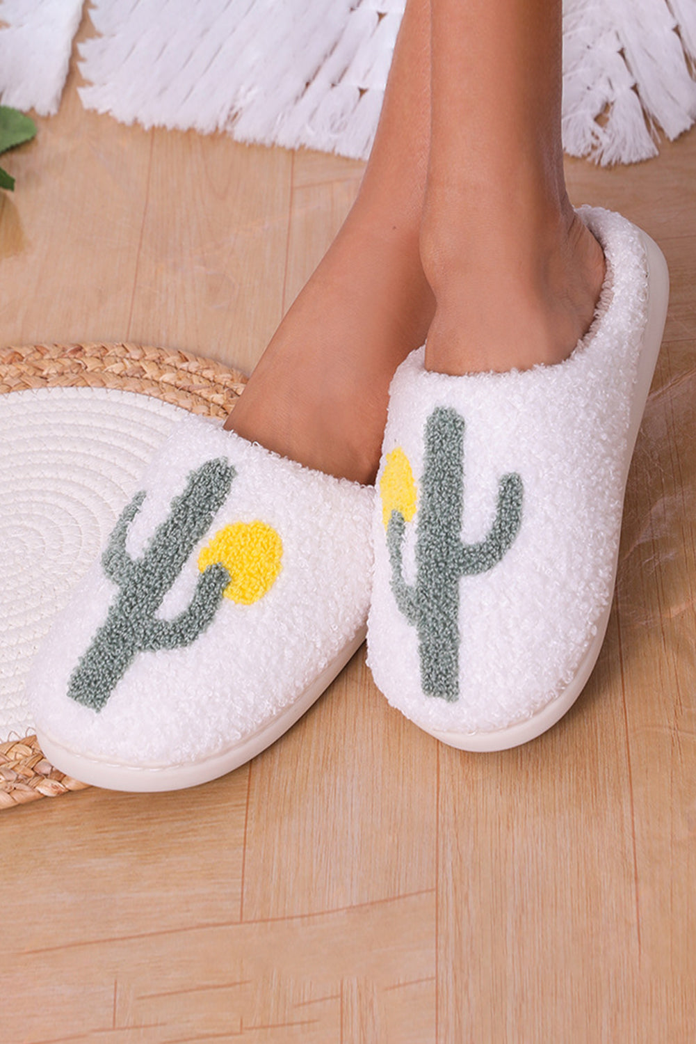 White Fuzzy Cactus Pattern Winter Home Slippers Slippers JT's Designer Fashion