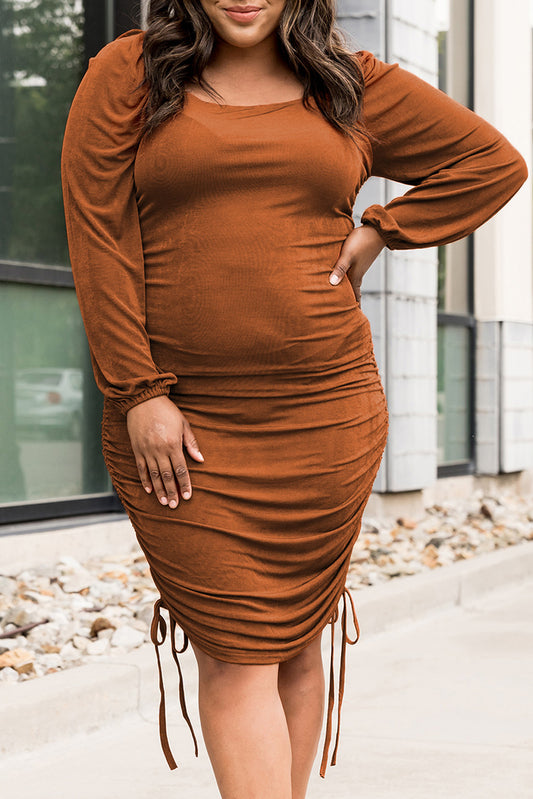 Plus Size Ruched Drawstring Bodycon Dress Orange 95%Polyester+5%Elastane Plus Size Dresses JT's Designer Fashion