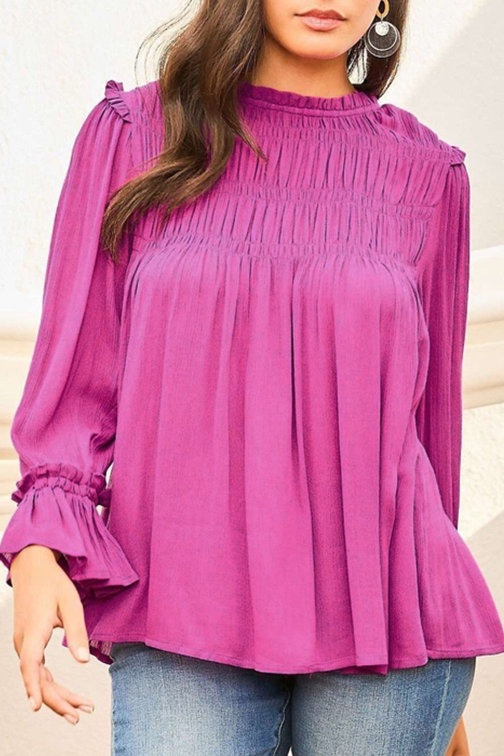 Bright Pink Shirred Button Keyhole Back Flounce Sleeve Blouse Bright Pink 100%Polyester Blouses & Shirts JT's Designer Fashion