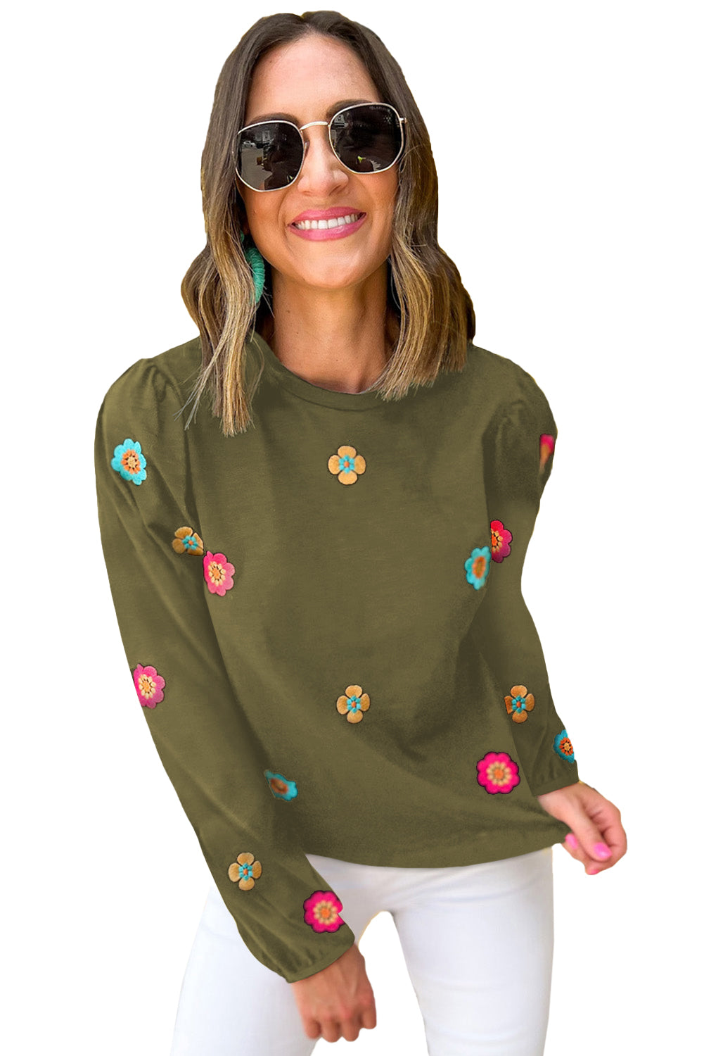 Pickle Green Floral Embroidered Puff Sleeve Blouse Tops & Tees JT's Designer Fashion