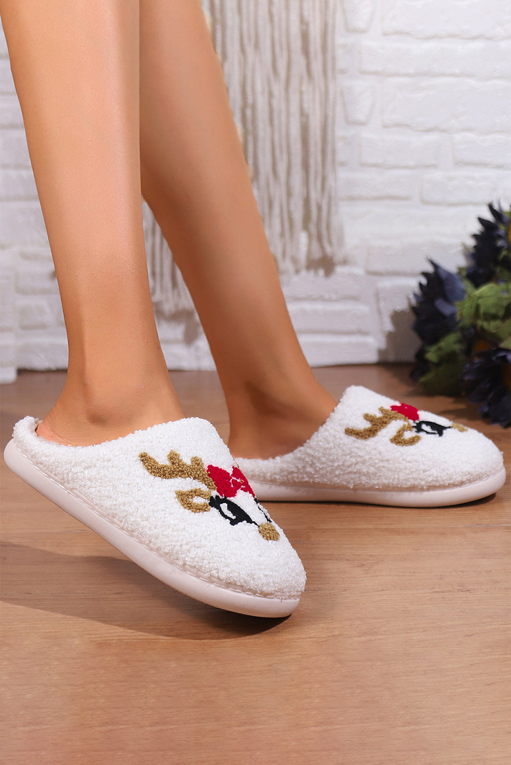 White Christmas Cartoon Pattern Plush Slippers Slippers JT's Designer Fashion