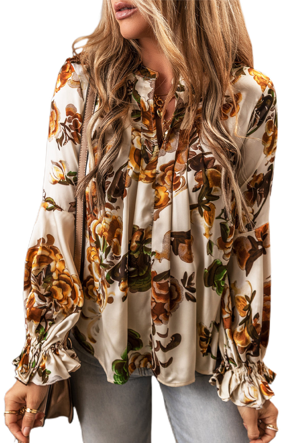 Apricot Gorgeous Floral Split Neck Flounce Sleeve Blouse Tops & Tees JT's Designer Fashion