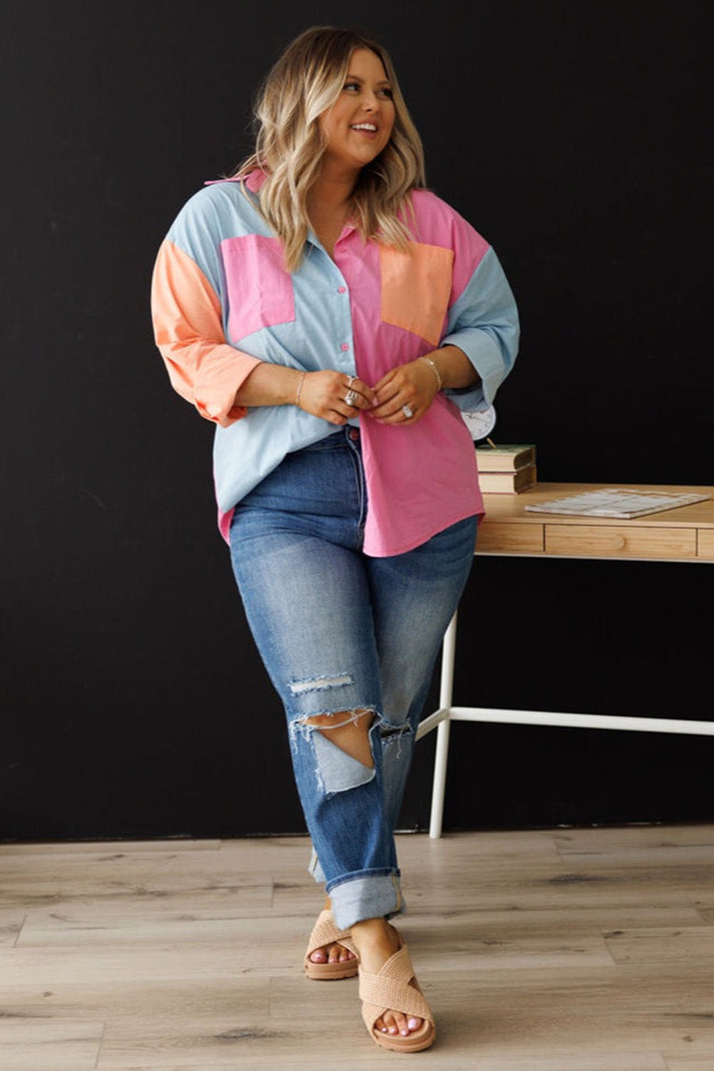 Pink Color Block Chest Pockets Plus Size Shirt Plus Size JT's Designer Fashion