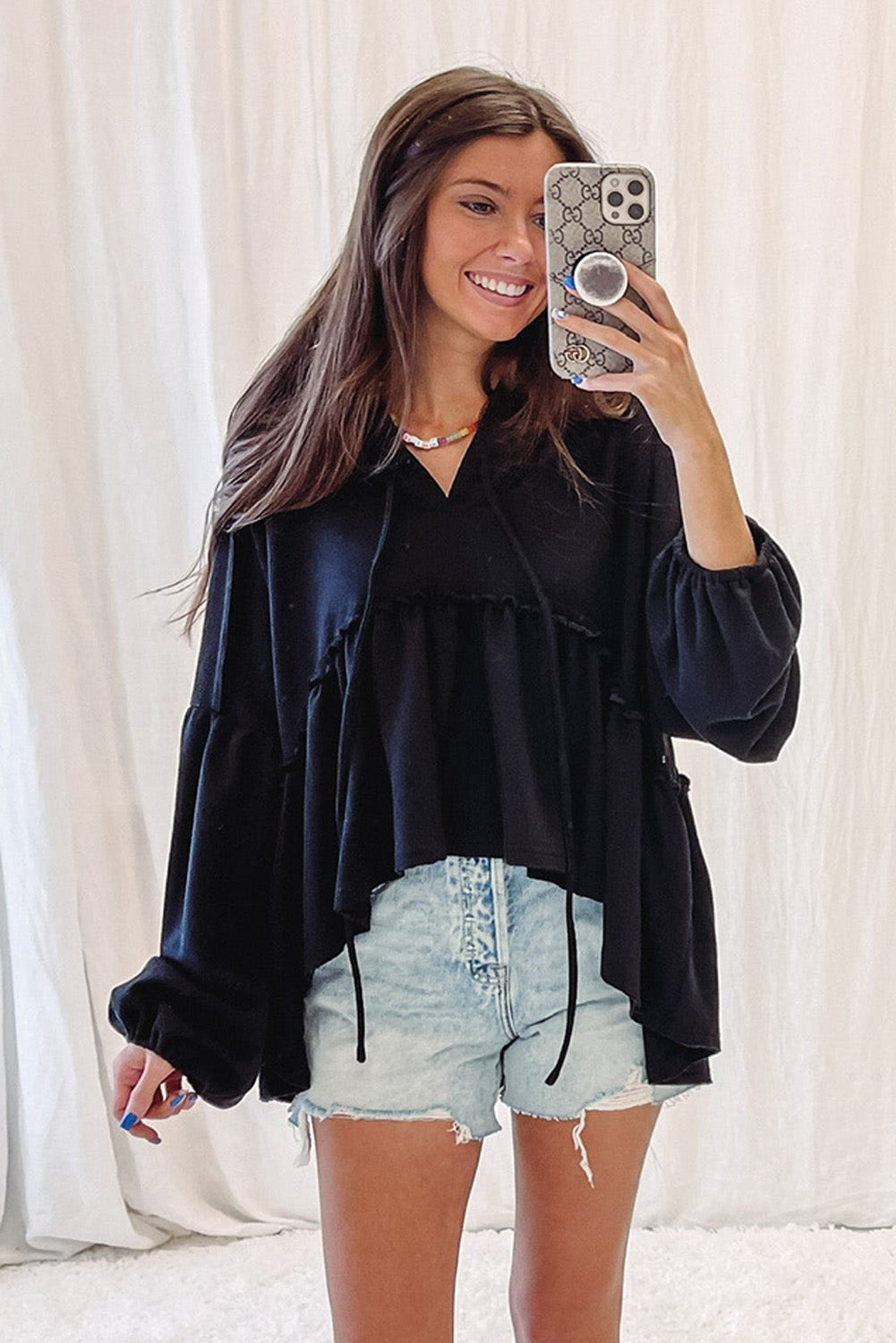 Black Oversized Ruffled High Low Hem Drop Shoulder Hoodie Tops & Tees JT's Designer Fashion