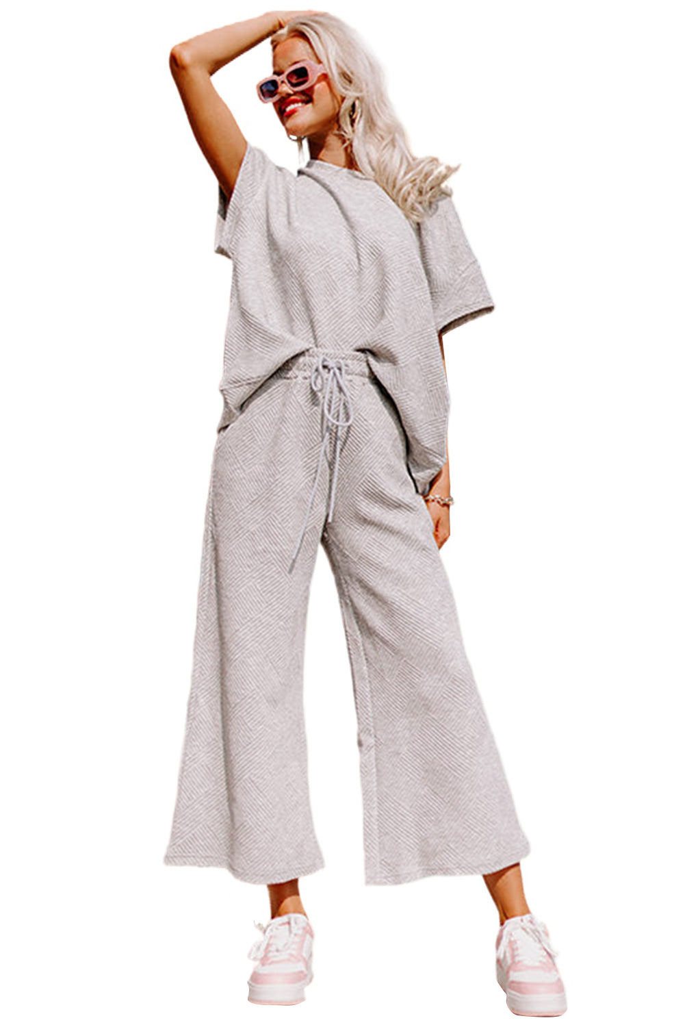 Textured Loose Fit T-shirt and Drawstring Pants Set 