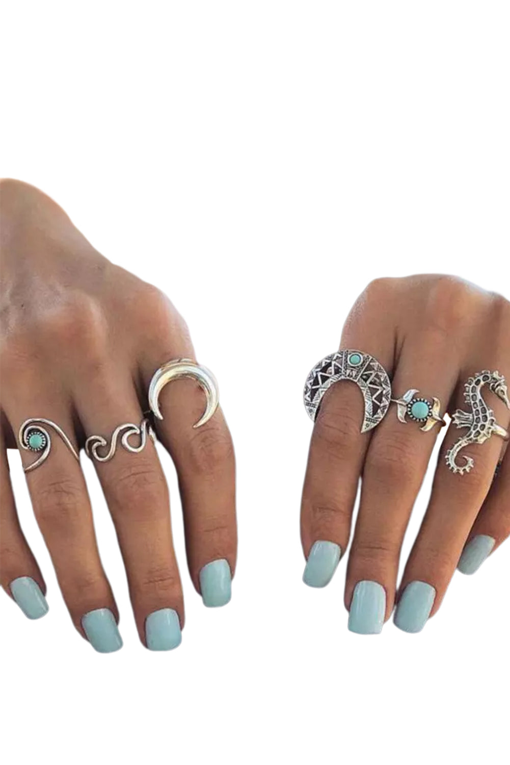 Silver 6Pcs Moon Turquoise Alloy Open Ring Set Jewelry JT's Designer Fashion