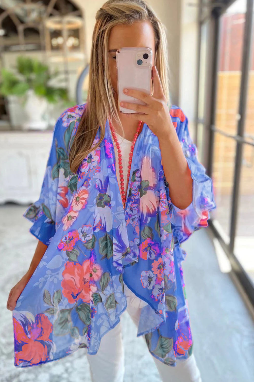 Sky Blue Floral Print Ruffled 3/4 Sleeve Loose Fit Kimono Kimonos JT's Designer Fashion