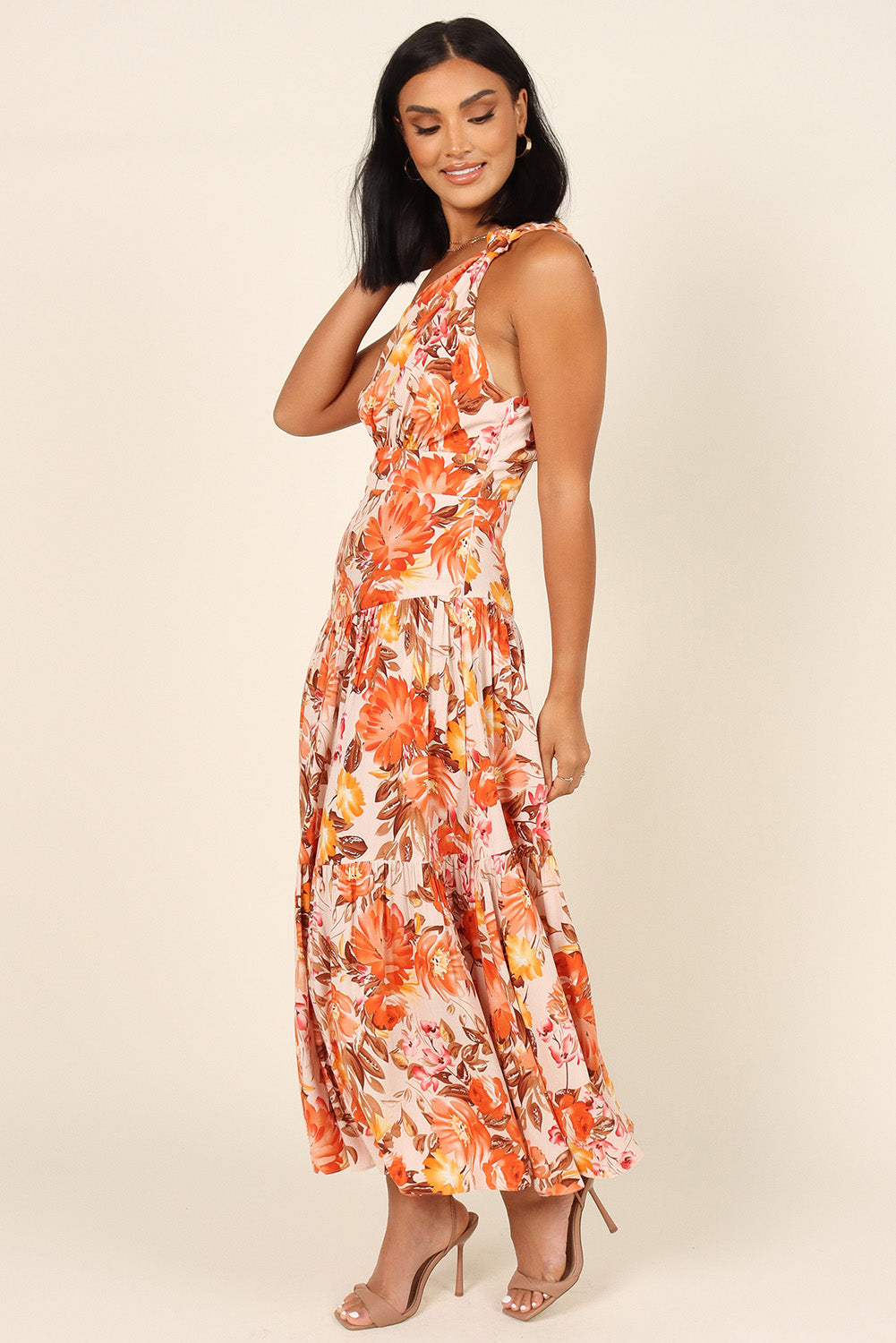 Orange Floral Print Pleated One Shoulder High Waist Maxi Dress Floral Dresses JT's Designer Fashion