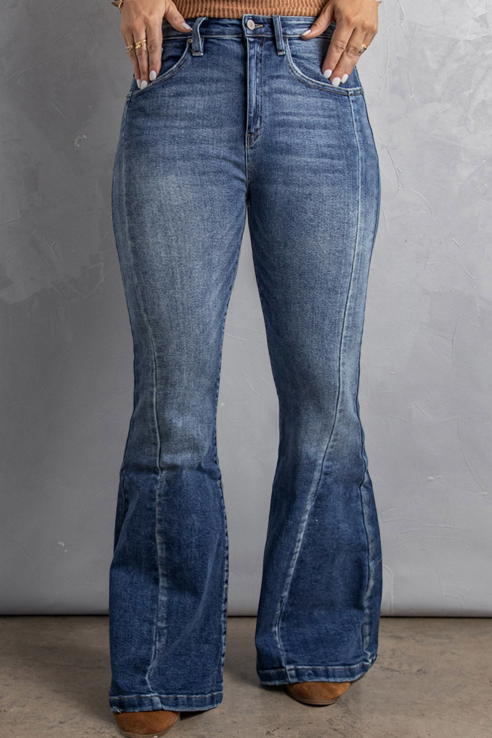 Dark Blue Plus Size Stitching Washed Flare Jeans Bottoms JT's Designer Fashion