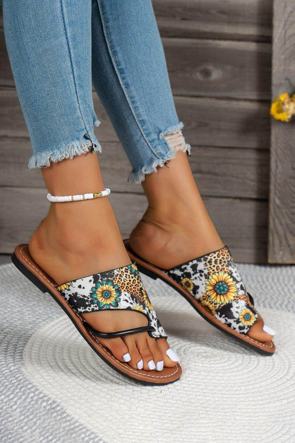 Multicolor Boho Sunflower Print Flat Flip Flops Slippers JT's Designer Fashion