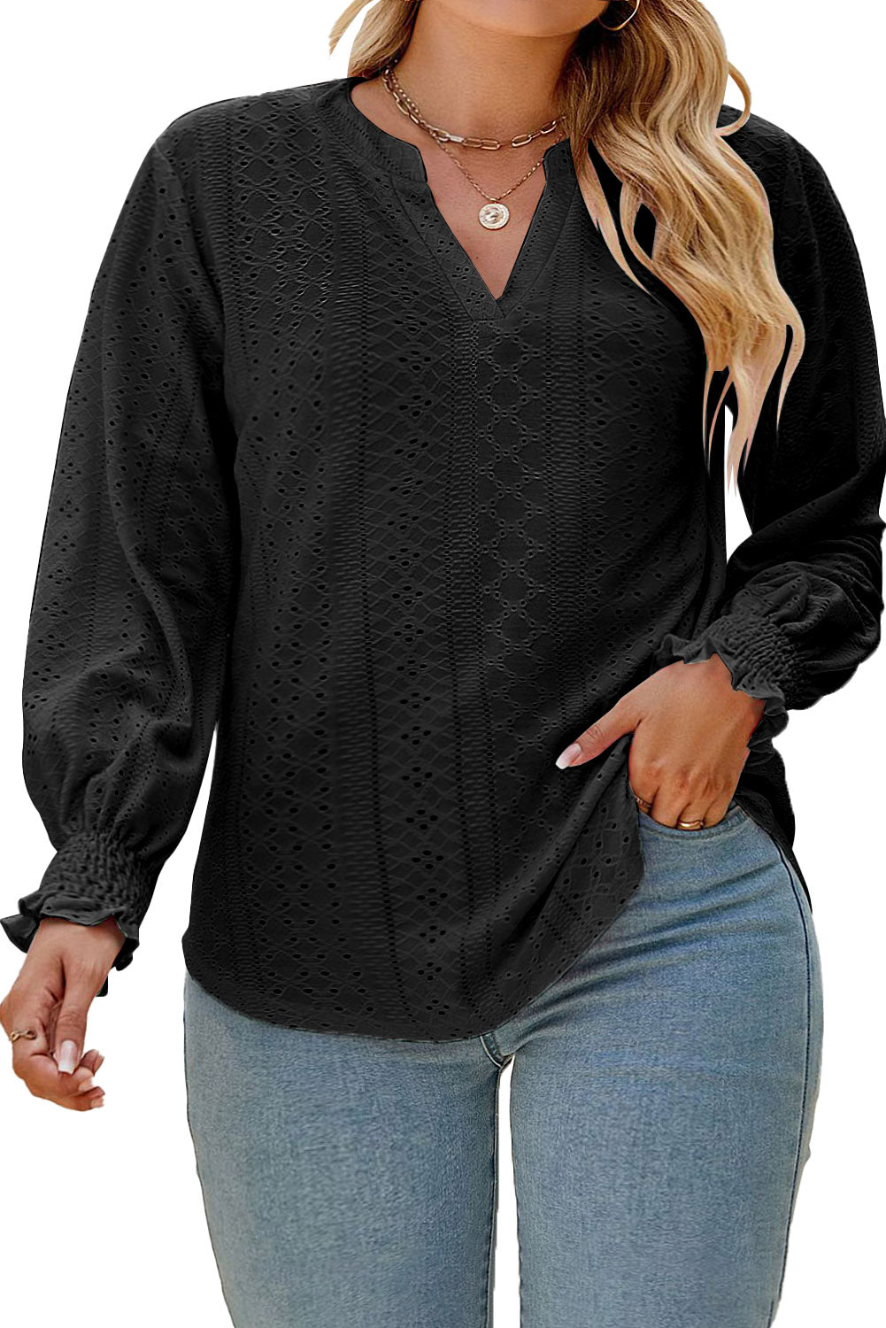 Black Eyelet Embroidered Split Neck Flounce Sleeve Curvy Top Plus Size JT's Designer Fashion