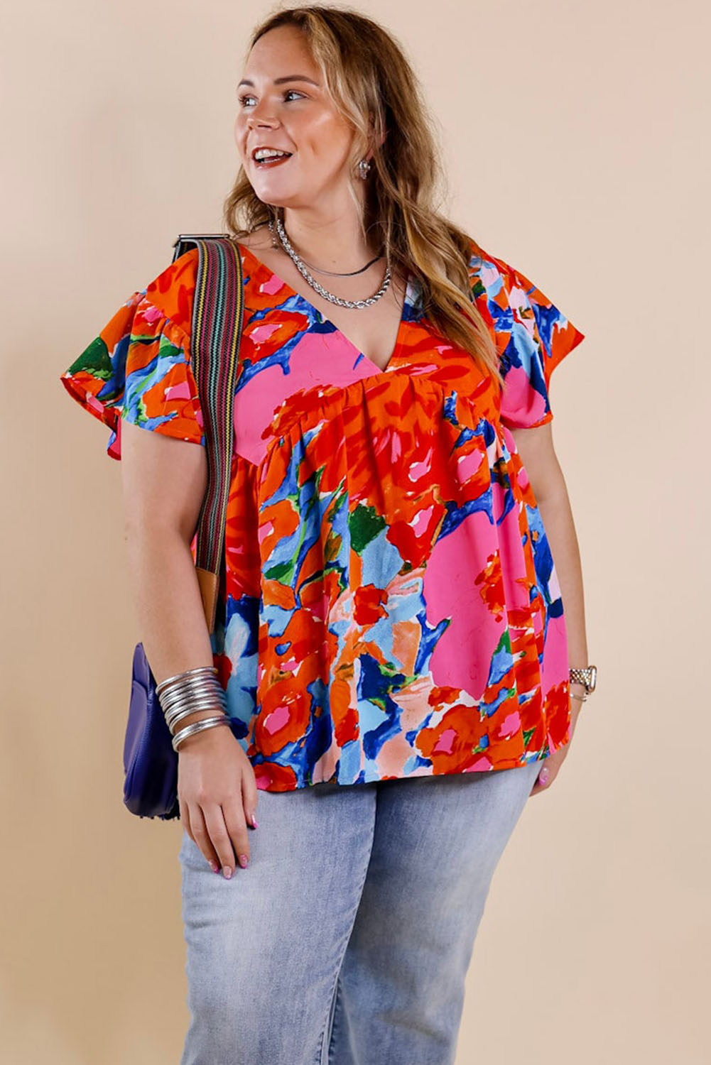 Red Abstract Floral Print V Neck Plus Blouse Plus Size JT's Designer Fashion