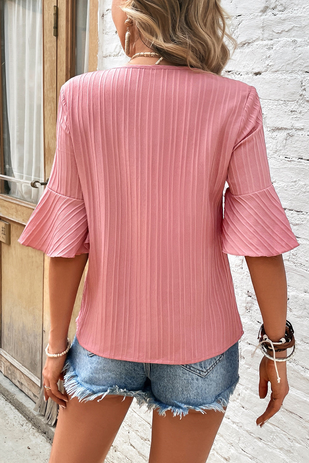 Peach Blossom Plain Pleated Ruffled Half Sleeve V Neck Top Tops & Tees JT's Designer Fashion