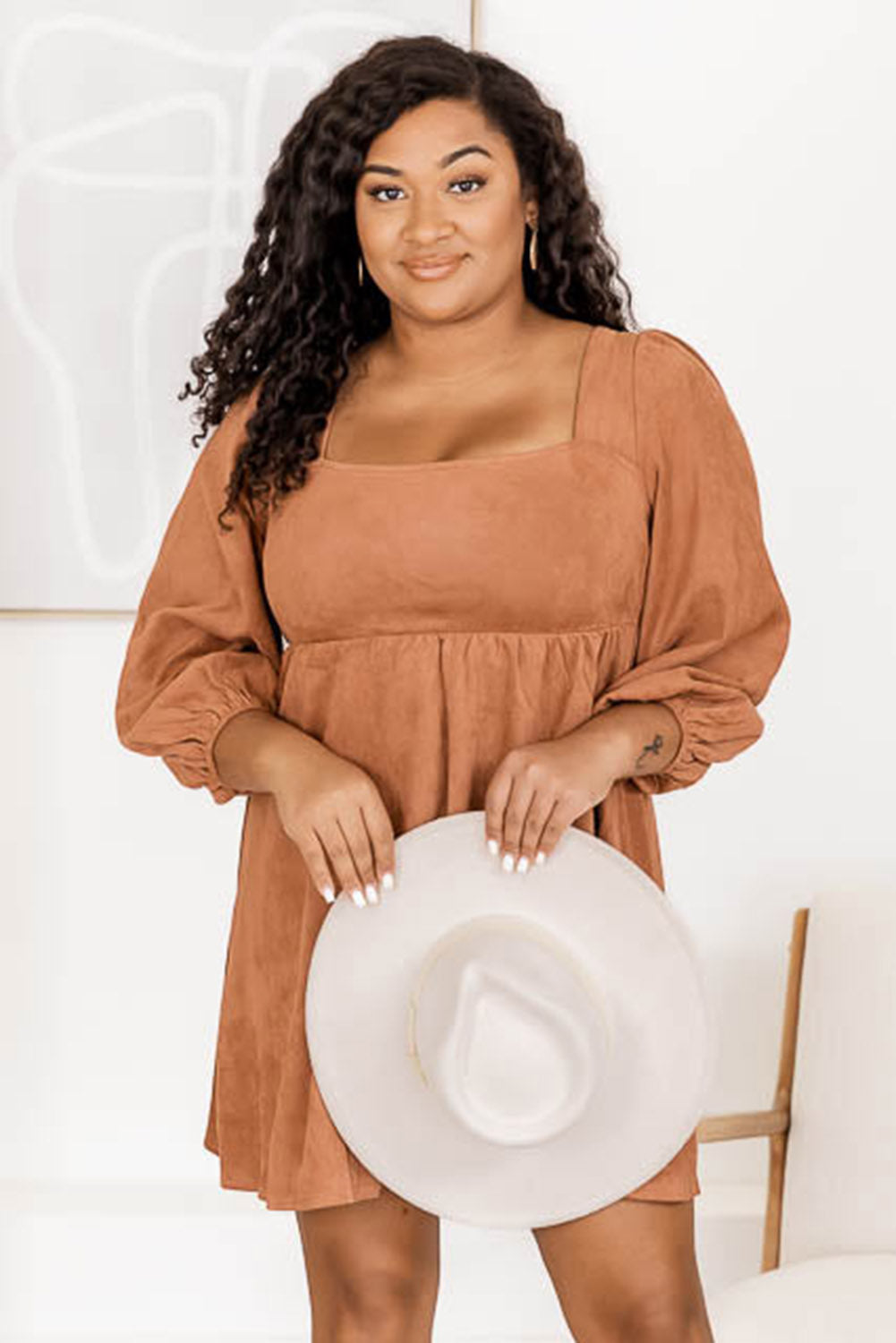 Chestnut Plus Size Suede Square Neck Balloon Sleeve Dress Plus Size JT's Designer Fashion