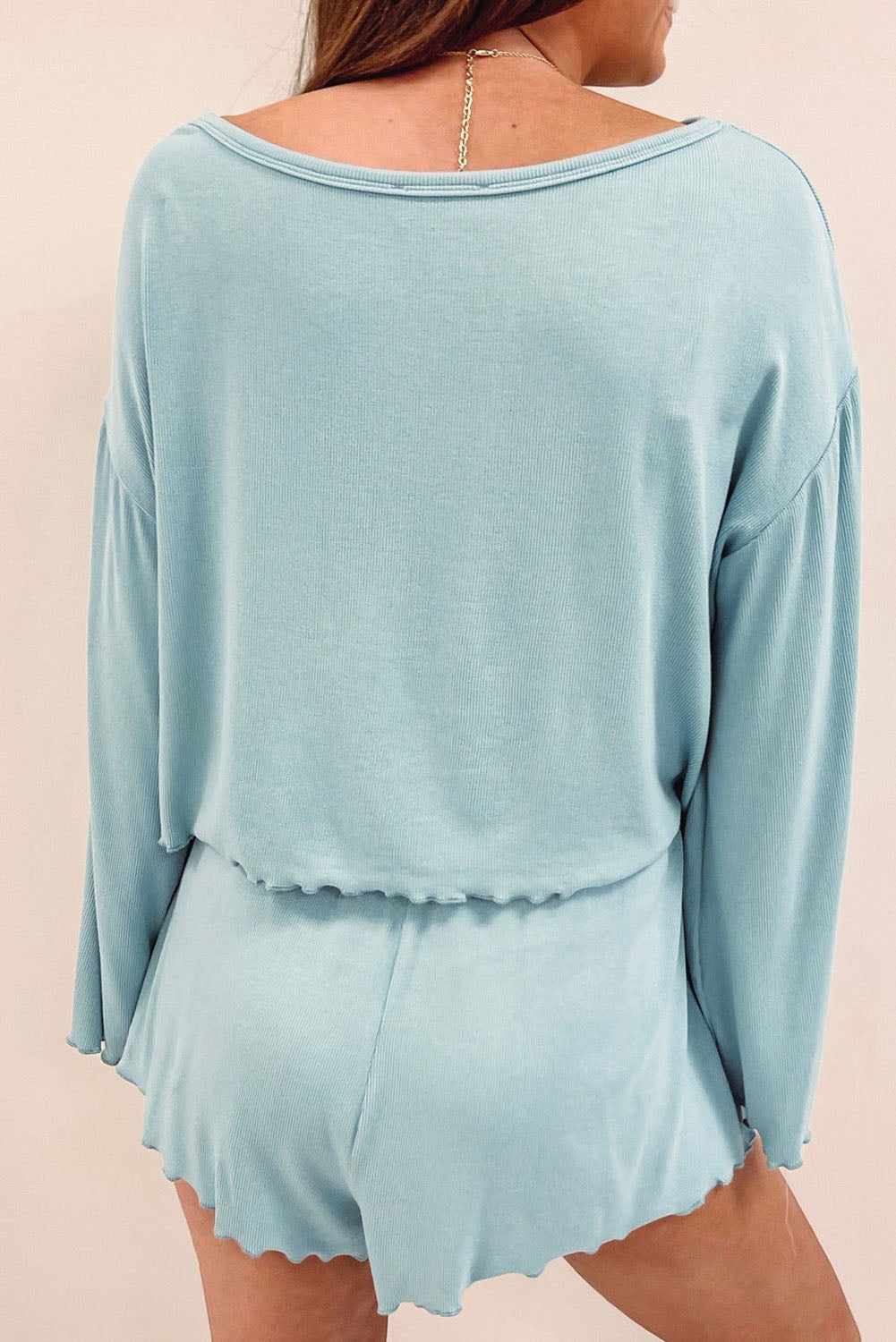 Sky Blue Long Sleeve Shirred High Waist Two Piece Lounge Set Loungewear JT's Designer Fashion