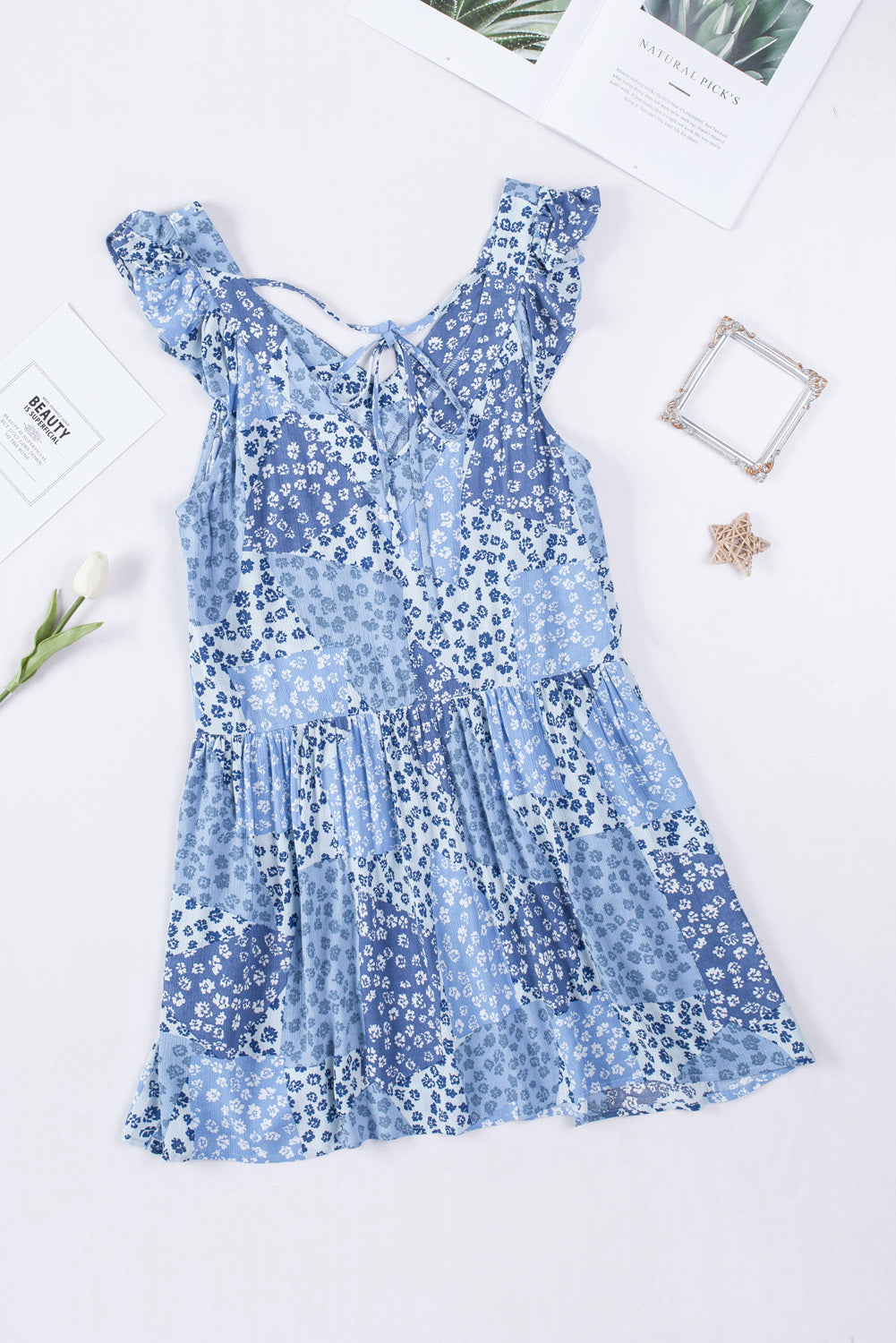 Sky Blue Floral Print Lace-up Open Back Ruffled V Neck Babydoll Dress Floral Dresses JT's Designer Fashion