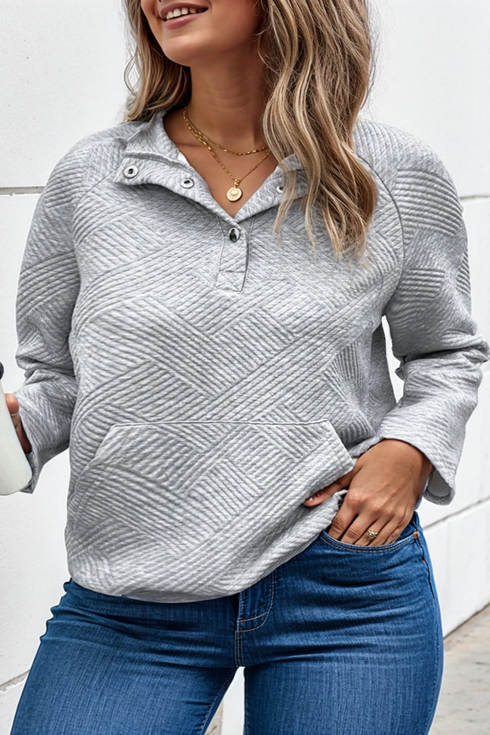 Light Grey Plus Size Textured Kangaroo Pocket Sweatshirt Plus Size JT's Designer Fashion