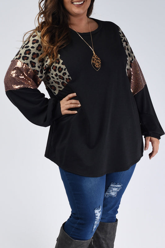 Black Leopard Sequin Patch Plus Size Long Sleeve Top Plus Size JT's Designer Fashion