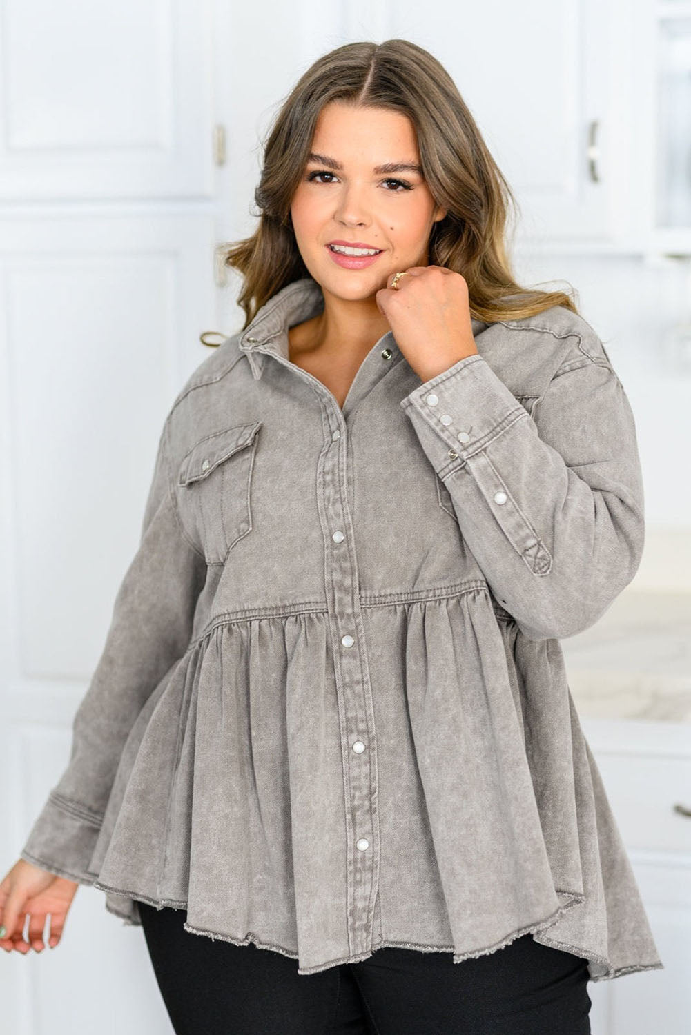 Gray Acid Wash Buttoned Ruffled Plus Size Denim Shacket Plus Size JT's Designer Fashion