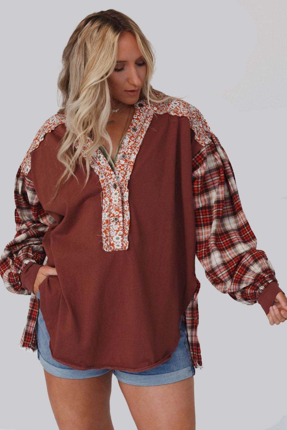 Ruby Plus Size Floral Patch Plaid Sleeve Half Button Top Plus Size JT's Designer Fashion