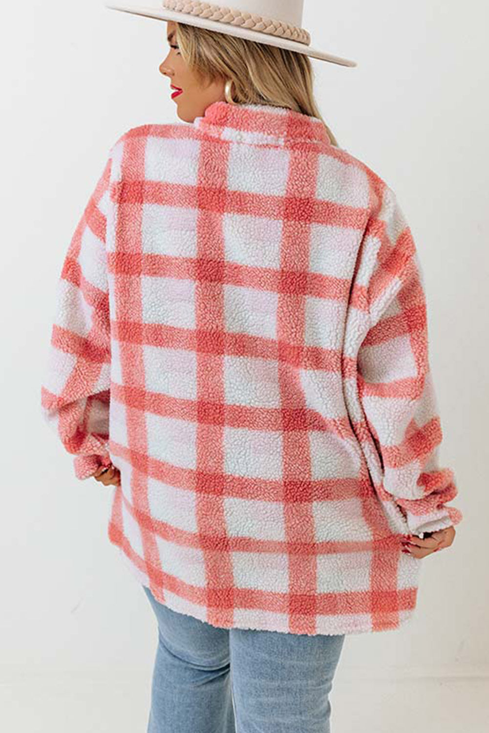 Pink Plus Size Tunic Plaid Sherpa Henley Sweatshirt Plus Size JT's Designer Fashion