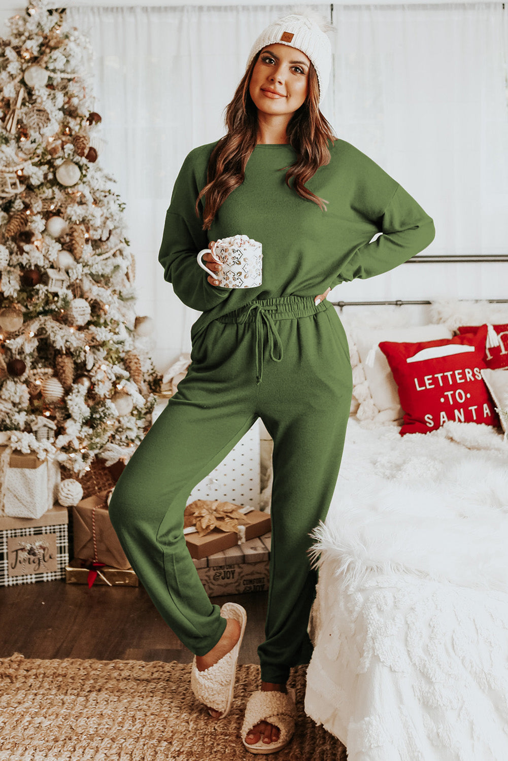 Spinach Green Long Sleeve Pullover and Jogger Pants Lounge Set Bottoms JT's Designer Fashion