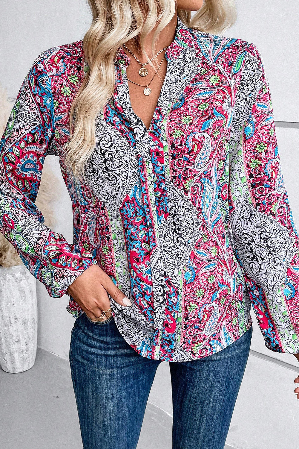 Pink Paisley Print Notched Neck Long Sleeve Blouse Tops & Tees JT's Designer Fashion