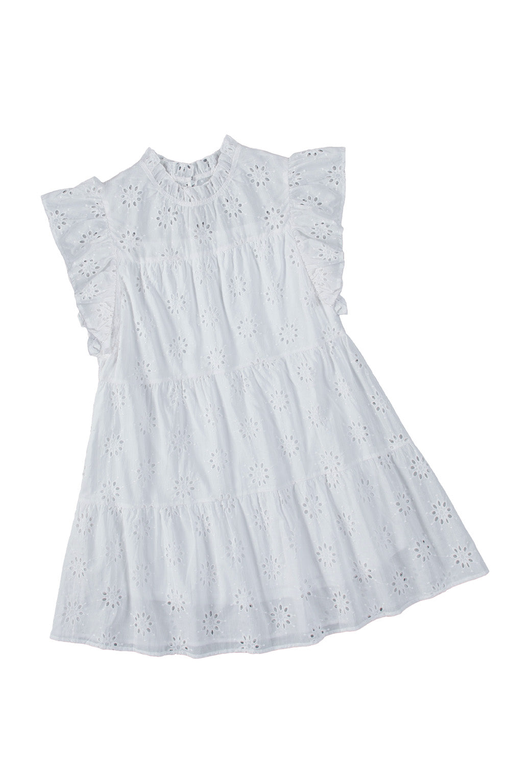 White Floral Eyelet Hollow-out Pattern Flutter Sleeve Tiered Dress Mini Dresses JT's Designer Fashion