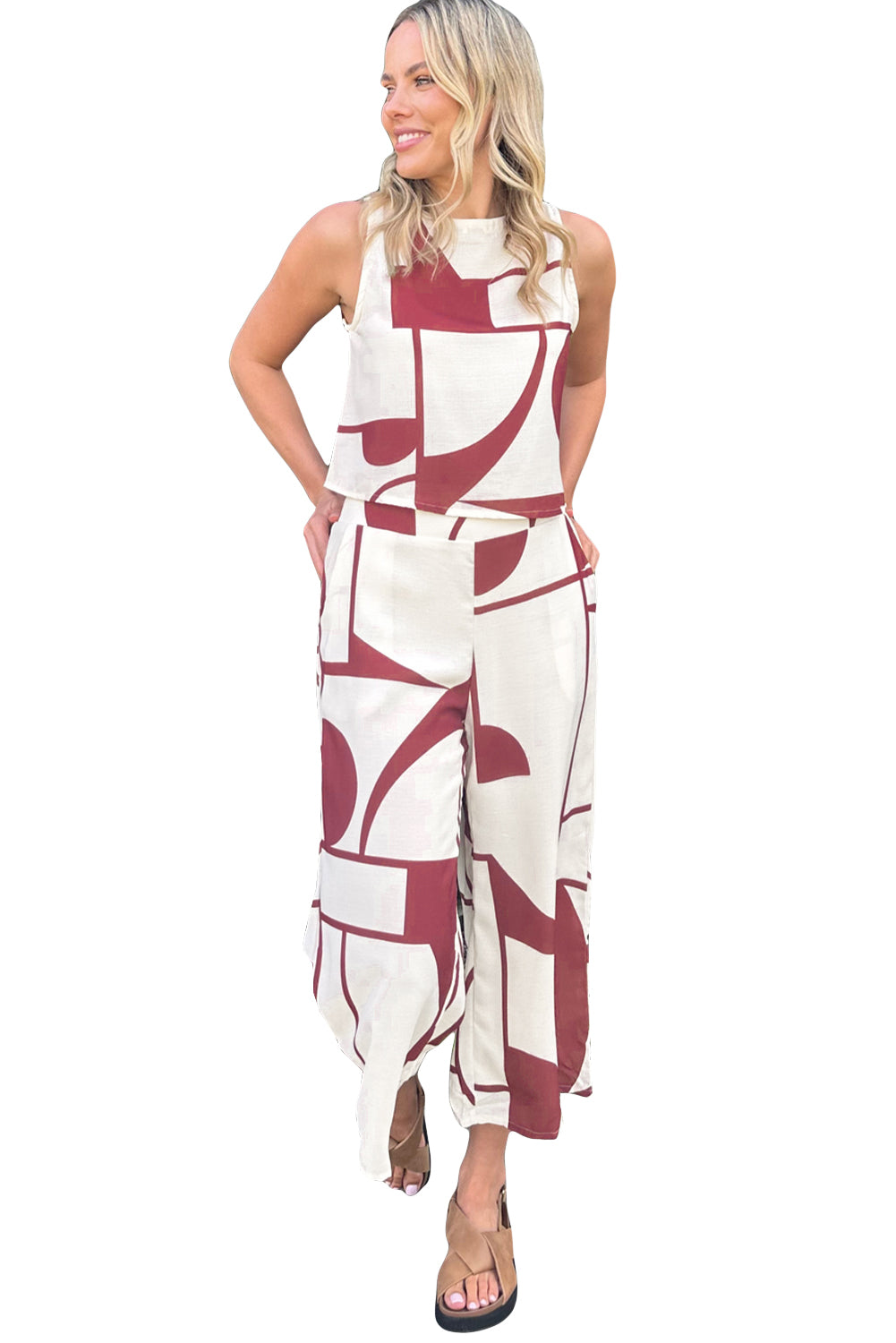 White Printed Button Back Tank Top Wide Leg Pants Set Bottoms JT's Designer Fashion