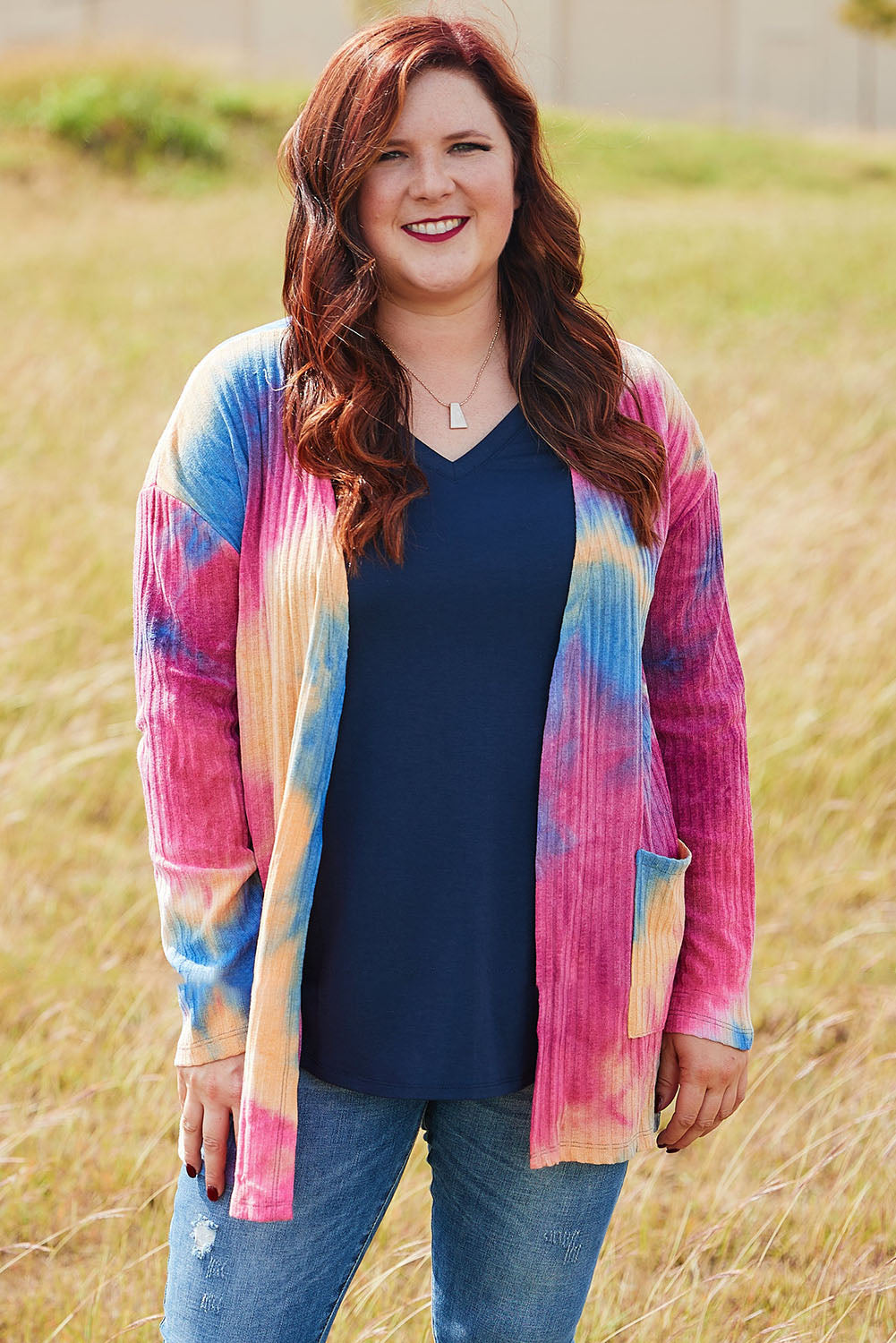 Multicolor Plus Size Tie-dye Print Ribbed Cardigan Plus Size JT's Designer Fashion