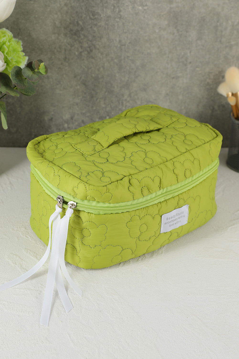 Green Floral Quilted Letter Patch Zipped Travel Cosmetic Bag Other Accessories JT's Designer Fashion