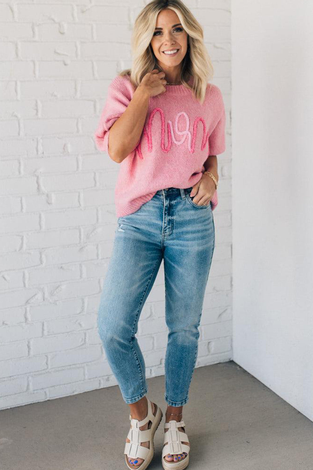 Pink MOM Lettering Short Puff Sleeve Knitted Sweater Pre Order Sweaters & Cardigans JT's Designer Fashion